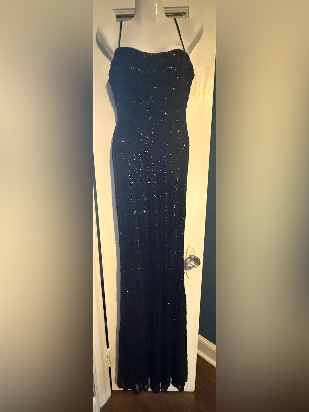 La Femme Black Heavy Sequin Criss Cross Open Back Prom Evening Gown Dress 4